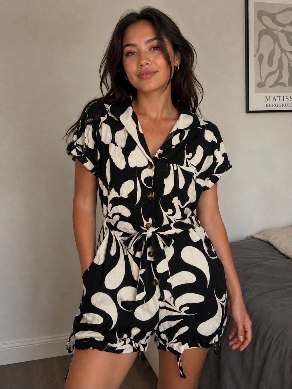Etro Black and Cream Button-Front Printed Short Sleeve Romper